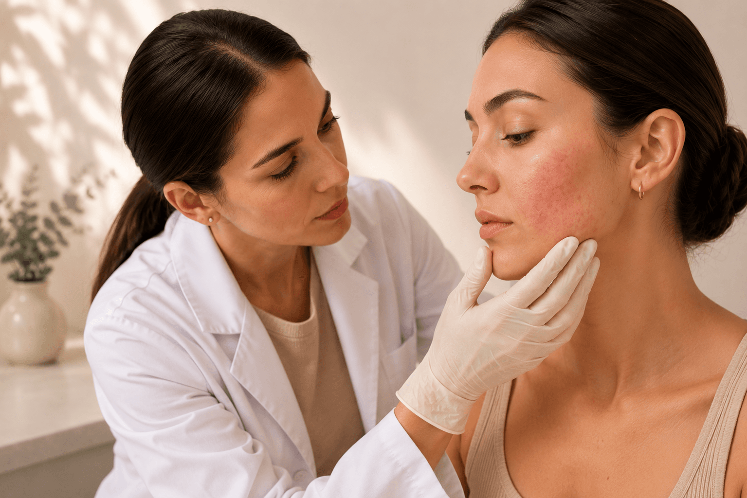 Dermatóloga evaluando la piel de una paciente en consulta