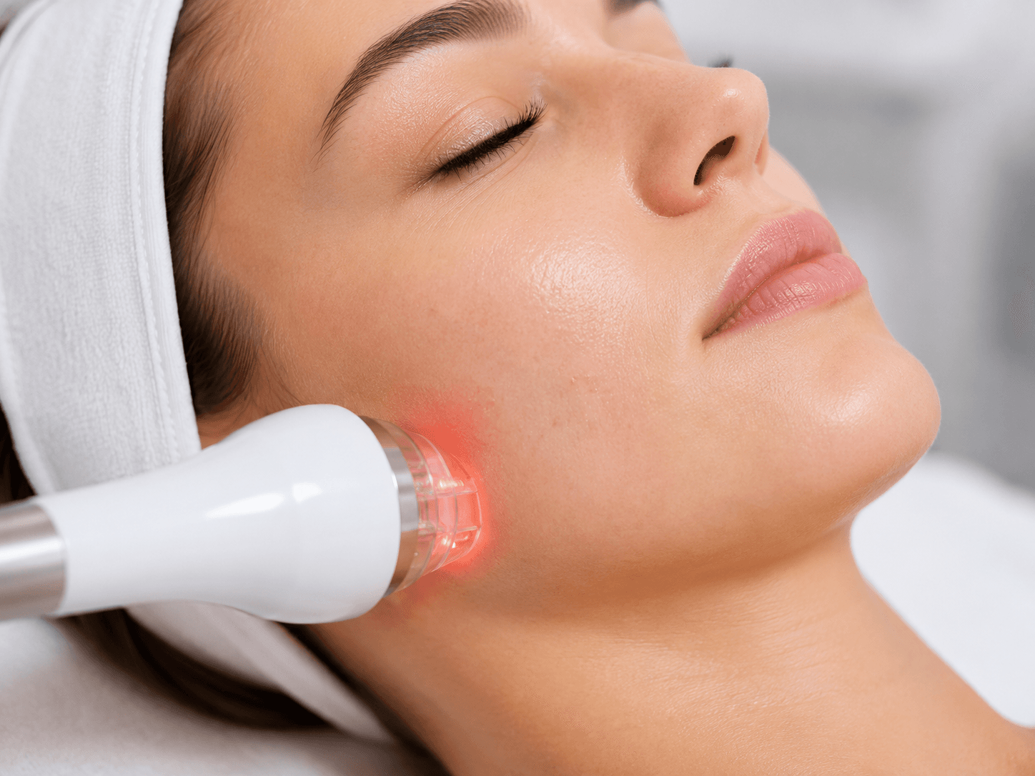 Tratamiento de radiofrecuencia con luz roja aplicado en el rostro